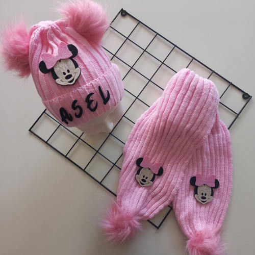 Bebek Kız Çocuk İsimli Pembe Minnie Çift Ponponlu Atkı Bere Takımı
