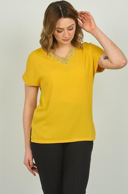 Kadın Yakası Dantel Detaylı Bluz 20E020 Hardal