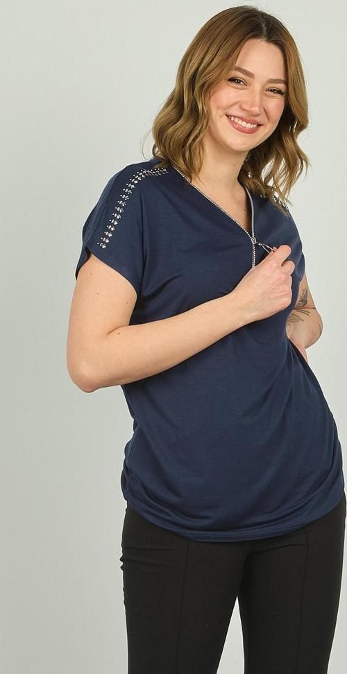 Kadın Fermuarlı Kısa Kol Bluz 20E038 Lacivert