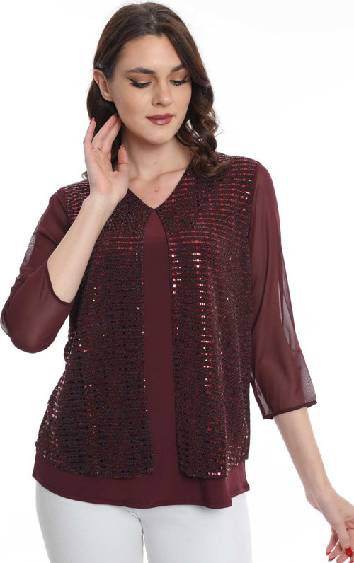 Kadın Kolları Tül Detaylı Bluz 19E040 Bordo