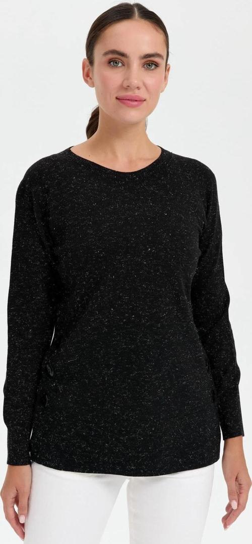 Kadın Sıfır Yaka Dikişsiz Yanları Düğmeli Simli Bluz 23390 Siyah