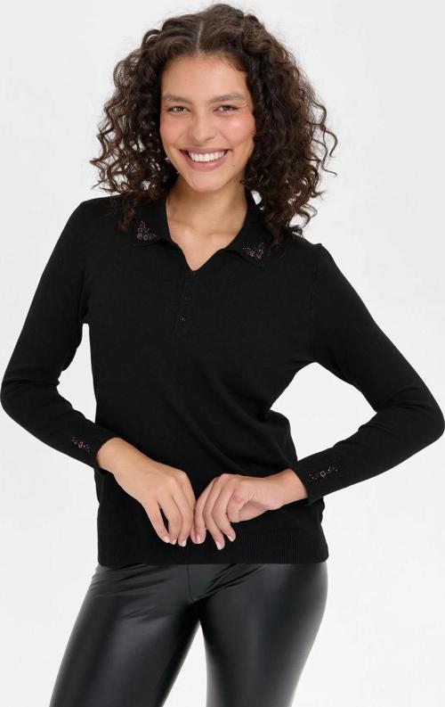 Kadın Polo Yaka Yakası İşlemeli Bluz 24092 Siyah
