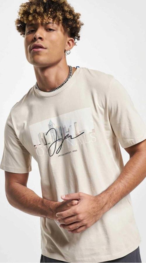 Erkek Jorjoshua Baskı Detaylı Bisiklet Yaka T-Shirt 12228257 Taş