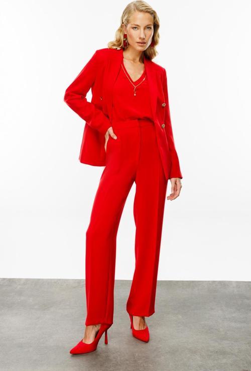 Kadın Önü Cepsiz Bol Paça Pantolon 1011 Kırmızı