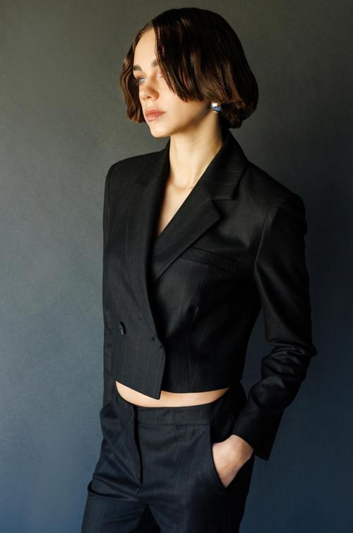 Kadın Çizgili Crop Ceket 1141 Siyah