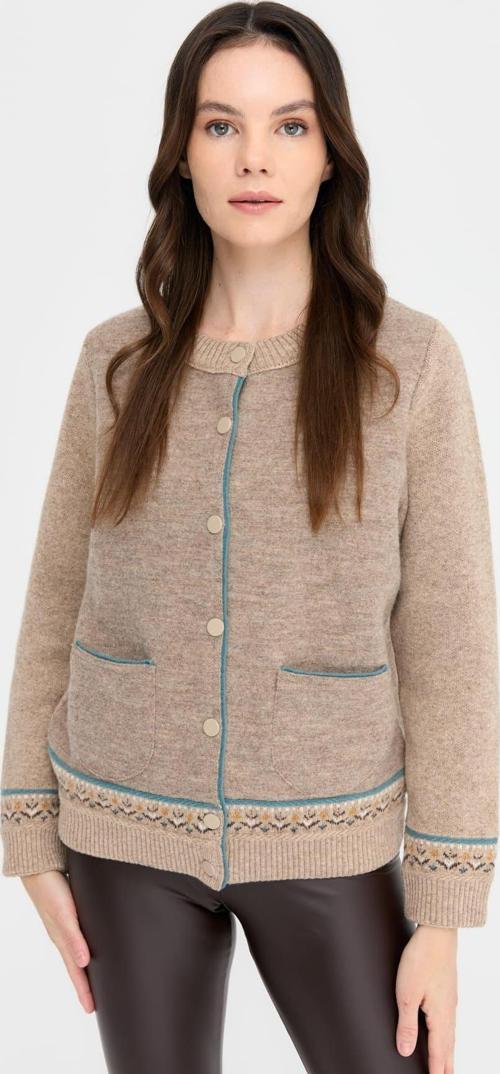 Kadın Sıfır Yaka Eteği ve Kol Ucu Desenli Yün Ceket 24085 K. Bej