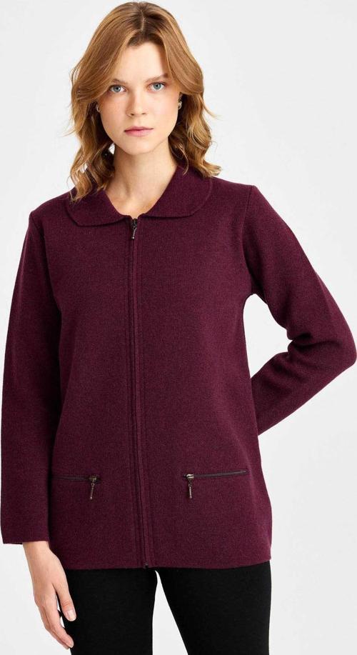Kadın Polo Yaka Cebi Fermuarlı Yün Hırka 0242128 K.Mürdüm