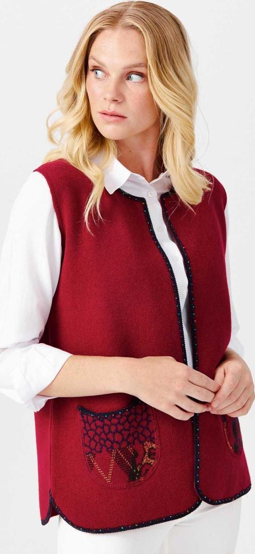 Kadın Sıfır Yaka Su Taşı Boncuk İşlemeli Kısa Yelek 02422111 Vişne