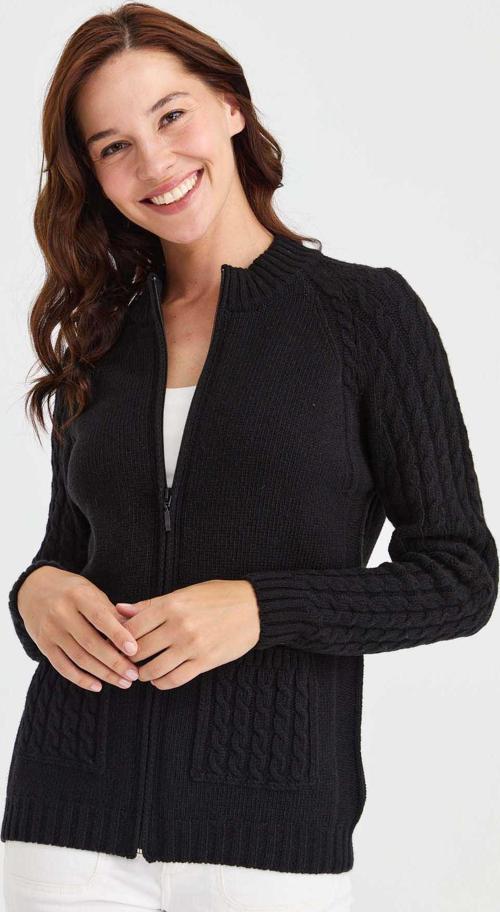 Kadın Dik Yaka Cebi ve Kolu Saç Örgü Yün Hırka 23203 Siyah