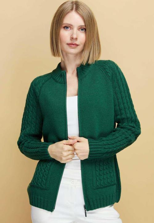 Kadın Dik Yaka Cebi ve Kolu Saç Örgü Yün Hırka 23203 Ö. Başı