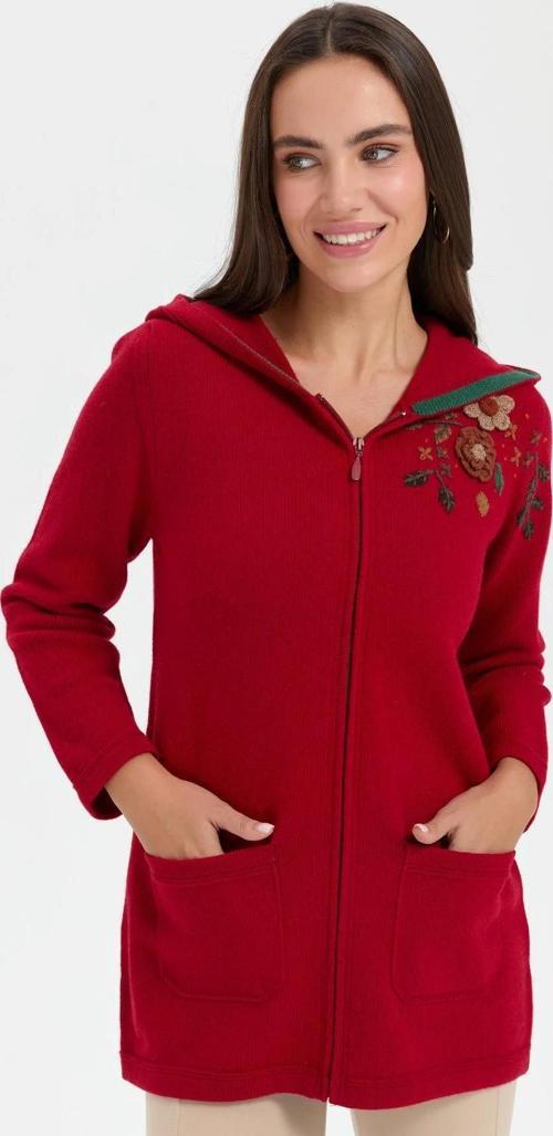 Kadın Kapüşonlu Omzu İşlemeli Araboy Yün Hırka 24080 K.Kırmızı