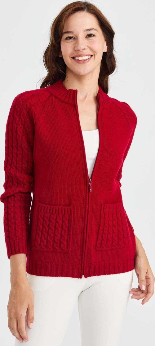 Kadın Dik Yaka Cebi ve Kolu Saç Örgü Yün Hırka 23203 K.Kırmızı