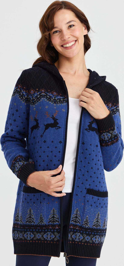 Kadın Kapüşonlu Geyik Desenli Yün Hırka 23221 Koyu Lacivert