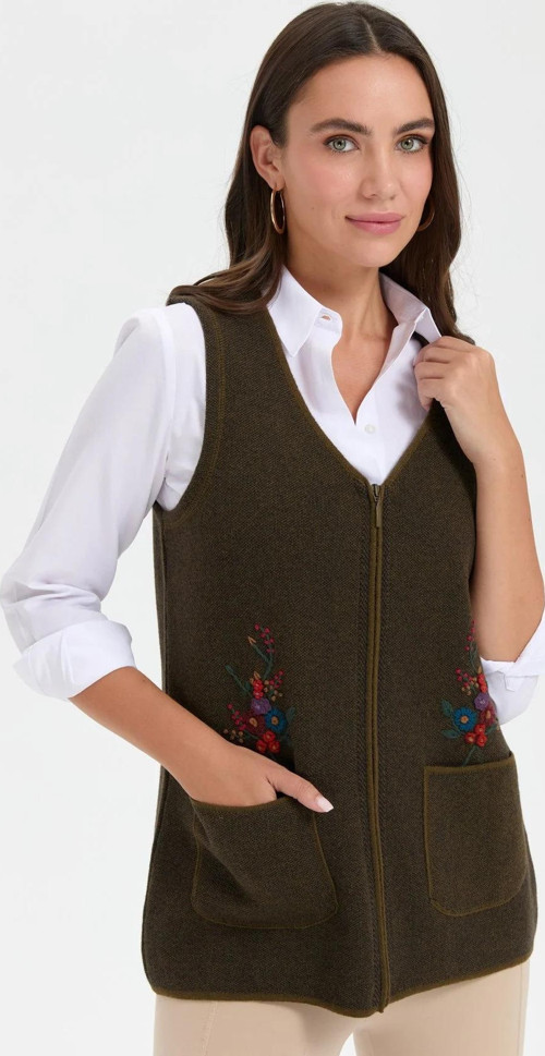 Kadın V Yaka Cep Üstü Nakış İşlemeli Yün Yelek 24001 Açık Yeşil