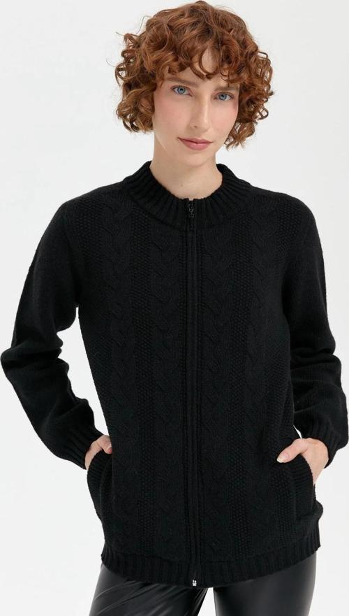 Kadın Dik Yaka Dikişsiz Önü Saç Örgülü Yün Hırka 24268 Siyah