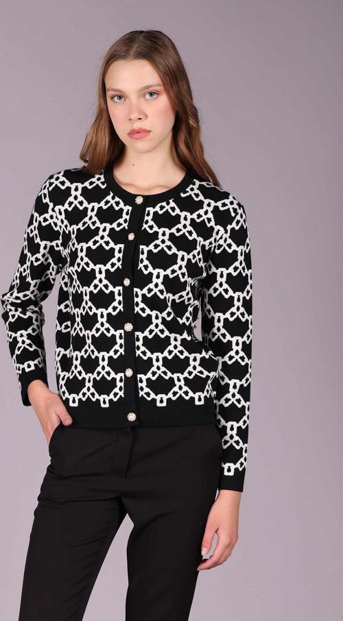 Kadın Bisiklet Yaka Zincir Desenli Yün Hırka 2535 Siyah-Fildişi