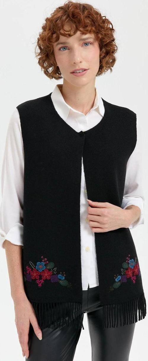 Kadın Sıfır Yaka Eteği İşlemeli Yün Yelek 24010 Siyah