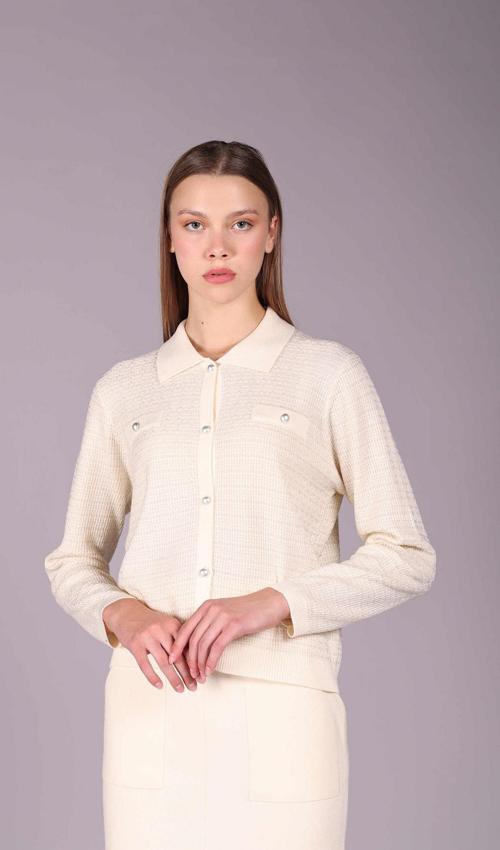 Kadın İnci Düğmeli Polo Yaka Simli Yün Hırka 2558 Fildişi