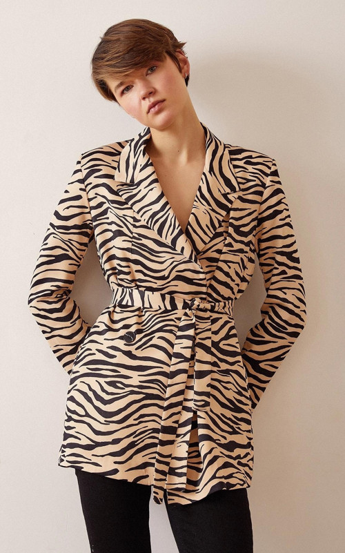 Düğmeli Kuşaklı Blazer Ceket Leopar