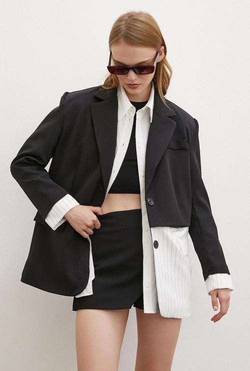 Çizgi Detaylı Çift Düğmeli Blazer Ceket Beyaz