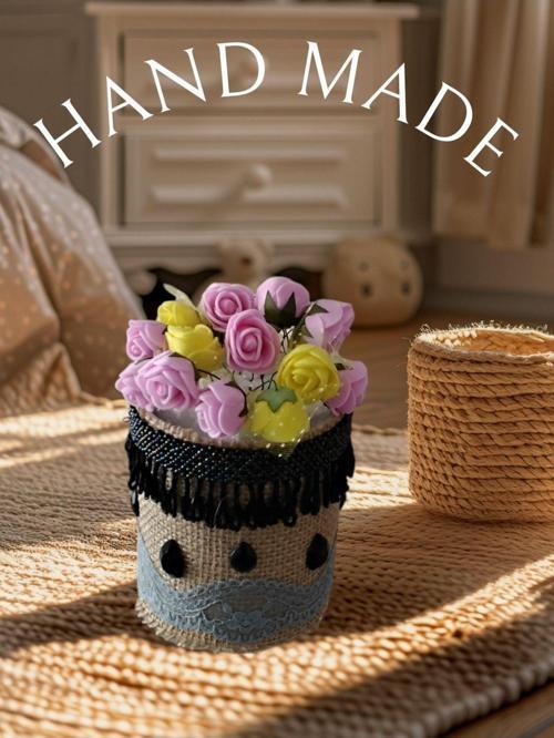 El Yapımı Dantelli ve örme Kristal Taş Süslemeli masaüstü Porselen Saksılık / kalemlik