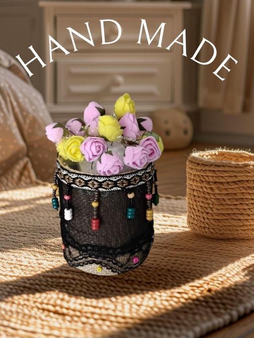 El Yapımı Dantelli ve Taş Süslemeli masaüstü Porselen Saksılık / kalemlik Şık ve Zarif Dekoratif