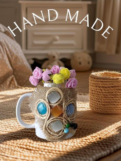 El Yapımı Hasır ve Cam Taş Süslemeli masaüstü Porselen Saksılık / kalemlik Şık ve Zarif Dekoratif