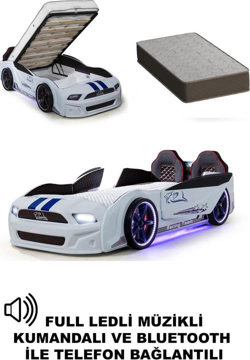 Bazalı Arabalı Yatak Kapıları Açılan Mustang Full Ledli Kumandalı ve Müzikli + Ortopedik Yatak