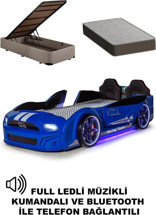 Bazalı Arabalı Yatak Kapıları Açılan Mustang Full Ledli Kumandalı ve Müzikli + Ortopedik Yatak