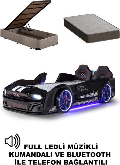 Bazalı Arabalı Yatak Kapıları Açılan Mustang Full Ledli Kumandalı ve Müzikli + Ortopedik Yatak