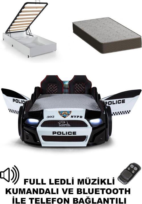 Bazalı Polis Arabalı Yatak Kapıları Açılan Mustang Full Ledli Kumandalı ve Müzikli + Ortopedik Yatak