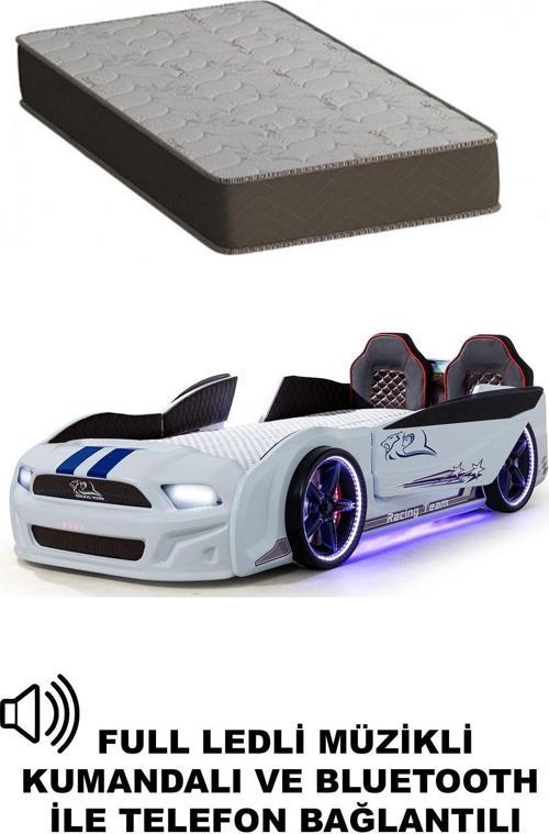 Beyaz Arabalı Yatak Kapıları Açılan Mustang Full Ledli Kumandalı ve Müzikli + Ortopedik Yatak
