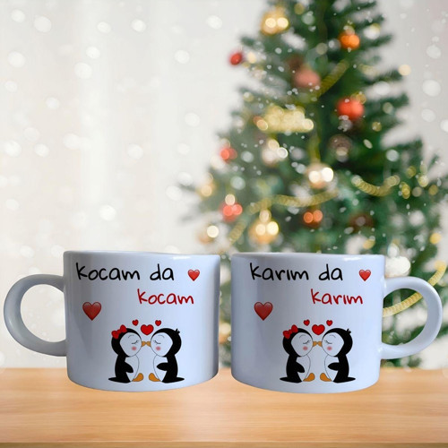 Kocam da kocam karım da karım kalpli penguen kişiye özel kahve fincan takımı