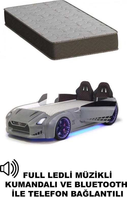Gri Arabalı Yatak Kapıları Açılan GTR Full Ledli Kumandalı ve Müzikli + Ortopedik Yatak
