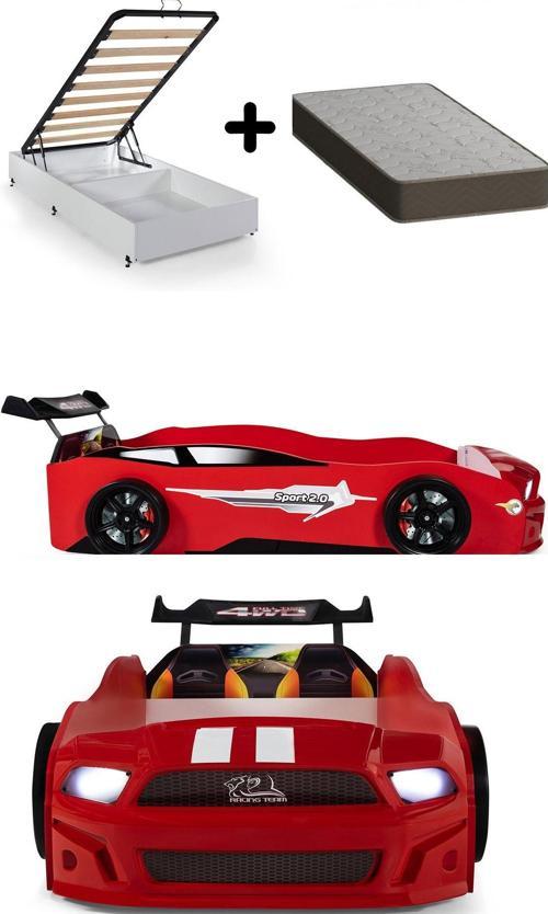 Kırmızı Arabalı Yatak Sport Mst Işıklı Baza Ortopedik Yatak