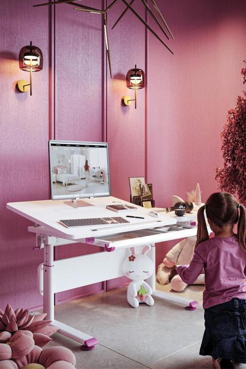 Yükseklik ve Eğim Ayarlı, Çekmeceli, Vega Basic Çalışma Masası 130x70 cm, Beyaz/Fuşya
