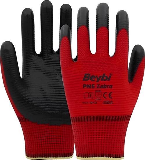 Pn5 Kırmızı Zebra Polyester Örme Nitril Işçi Eldiveni 10 Çift 10 Numara