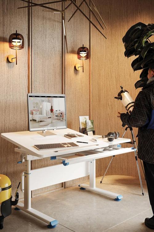 Yükseklik ve Eğim Ayarlı, Çekmeceli, Vega Basic Çalışma Masası 130x70 cm, Ekru/Mavi