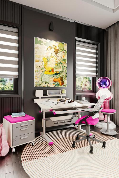 Yükseklik ve Eğim Ayarlı, Vega Premium Bilgisayar ve Çalışma Masası Takımı Ekru/Fuşya