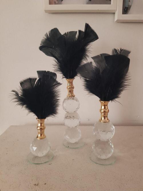 Üçlü Kristal Takım Gold Ağızlıklı Siyah Tüy Dekor