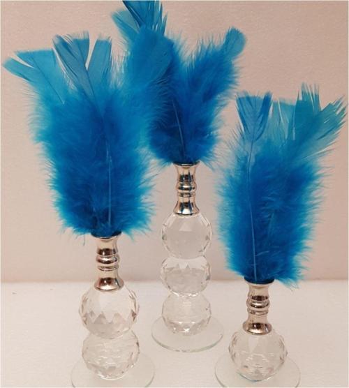 Mavi Renk Gümüş Ağızlıklı 3Lu Cam Tüy Dekor