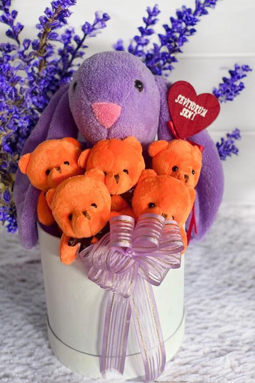 Premium Özel Hediye Kutusunda  45 cm Bunny Tavşan ve 5 Adet Turuncu Peluş Ayıcık Buketi