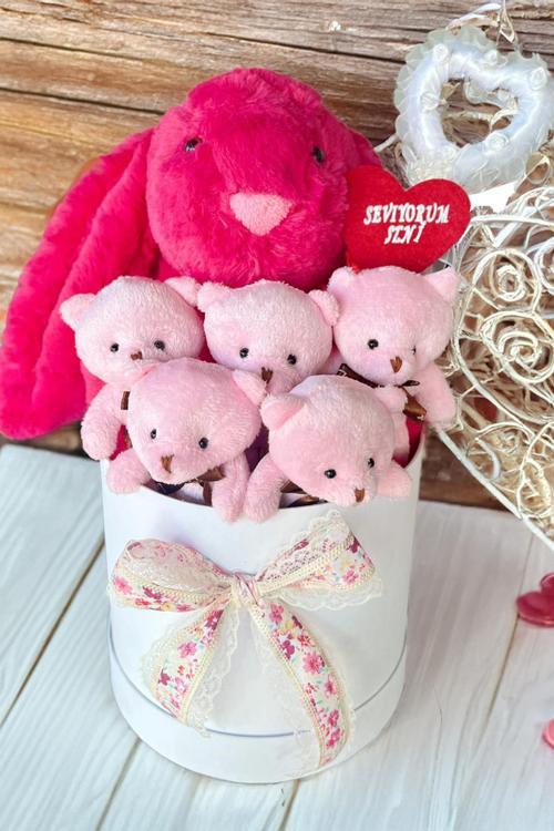 Premium Özel Hediye Kutusunda 45 cm Fuşya Bunny Tavşan ve 5 Adet Pembe Peluş Ayıcık Buketi
