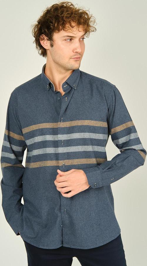 Erkek Slim Fit İnce Blok Desenli Pamuklu Uzun Kol Gömlek 1100 İndigo Kahve
