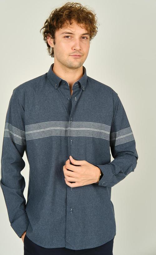 Erkek Slim Fit Blok Desenli Pamuklu Uzun Kol Gömlek 1200 İndigo Gri