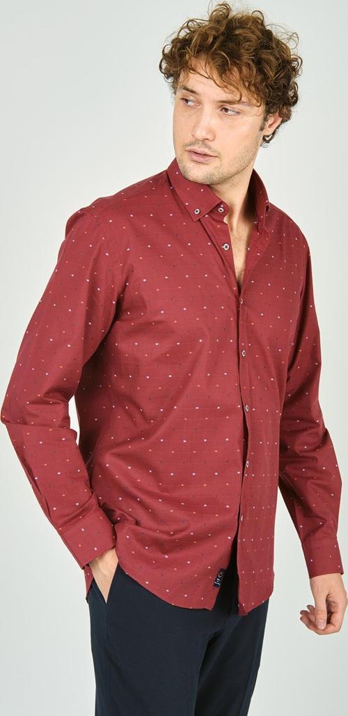 Erkek Slim Fit Desenli Uzun Kollu %100 Pamuk Gömlek 2045 Kırmızı