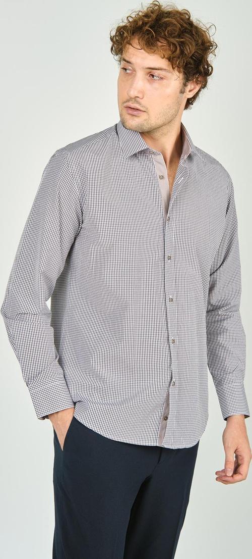 Erkek Slim Fit Ekoseli Uzun Kollu %100 Pamuk Gömlek 2060 Kahverengi