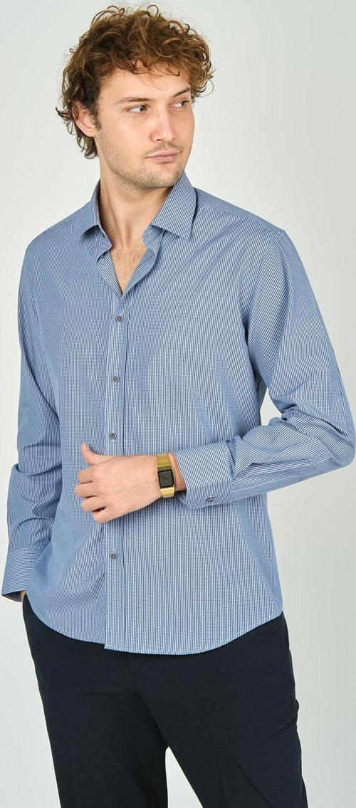Erkek Slim Fit Ekoseli Uzun Kollu %100 Pamuk Gömlek 2062 Mavi