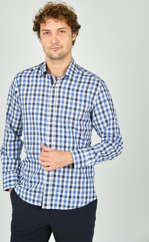 Erkek Slim Fit Kareli Uzun Kollu %100 Pamuk Gömlek 2240 Mavi
