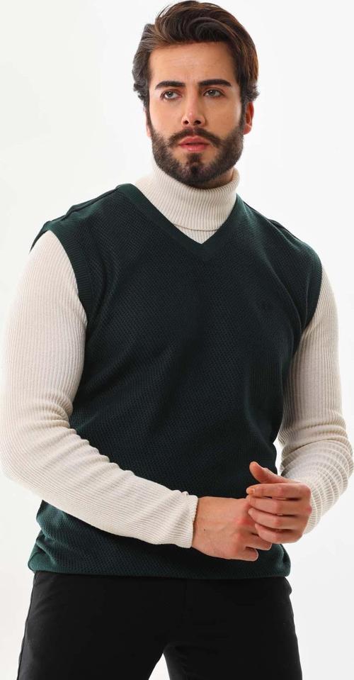 Erkek V Yaka Desenli Süveter 7612 Yeşil